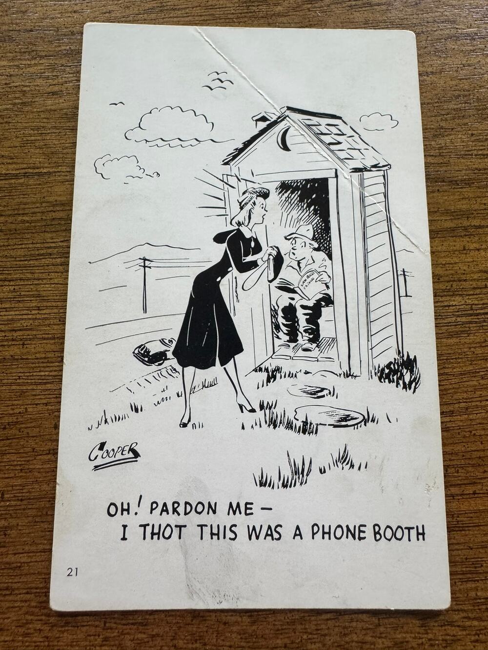 Vintage Cooper Comic Postcard Phone Booth Outhouse Humor Unused